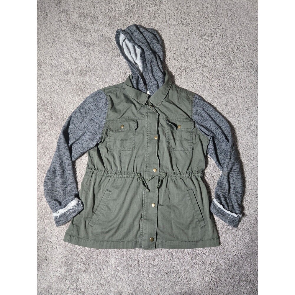 Mudd Military Fatigue Utility Cargo Hooded Jacket Vest Olive Green Black Y2K XL